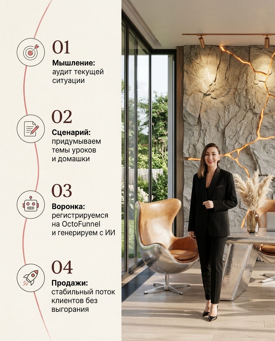 An elegant, minimal editorial method infographic in a warm quiet-luxury wellness aesthetic, portrait 2:3. A vertical 4-step journey connected by a soft hand-drawn flowing line curving gently up the pa